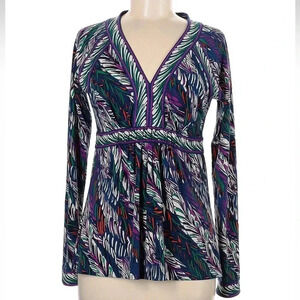 BCBGMAXAZRIA Y2K Jewel Tones Leaf Feather Print Boho Top Blouse Size Medium M